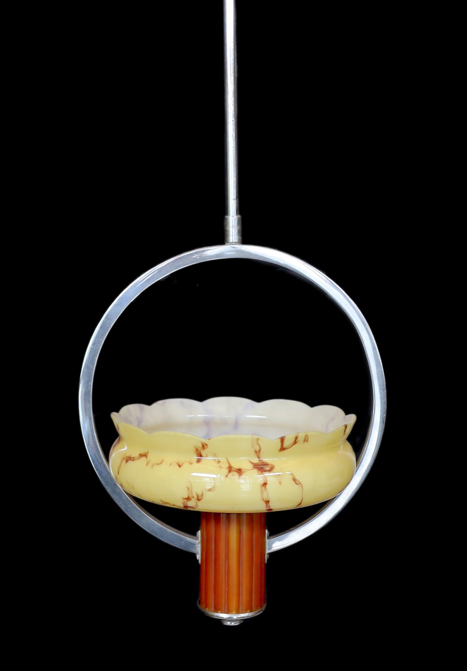 A 1930s English nickel plated, bakelite and marbled glass light fitting, height 66cm